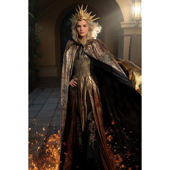 Women's Gold Witch Imported Velvet Cloak Halloween Hooded Cape Medieval Costume - Picture 4 of 6